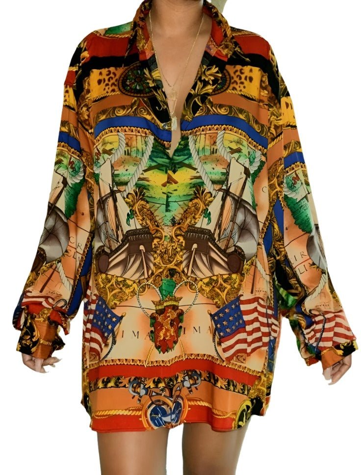 Long Sleeve Patterned High-Low Mini Shirt Dress XD21