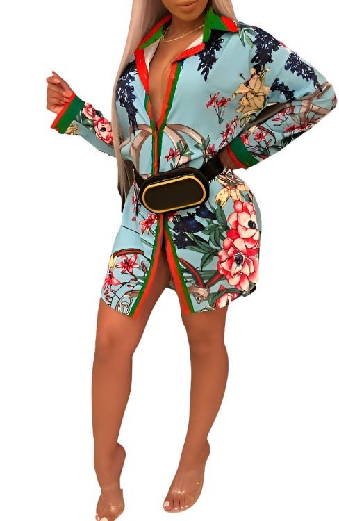 Long Sleeve Patterned High-Low Mini Shirt Dress XD21