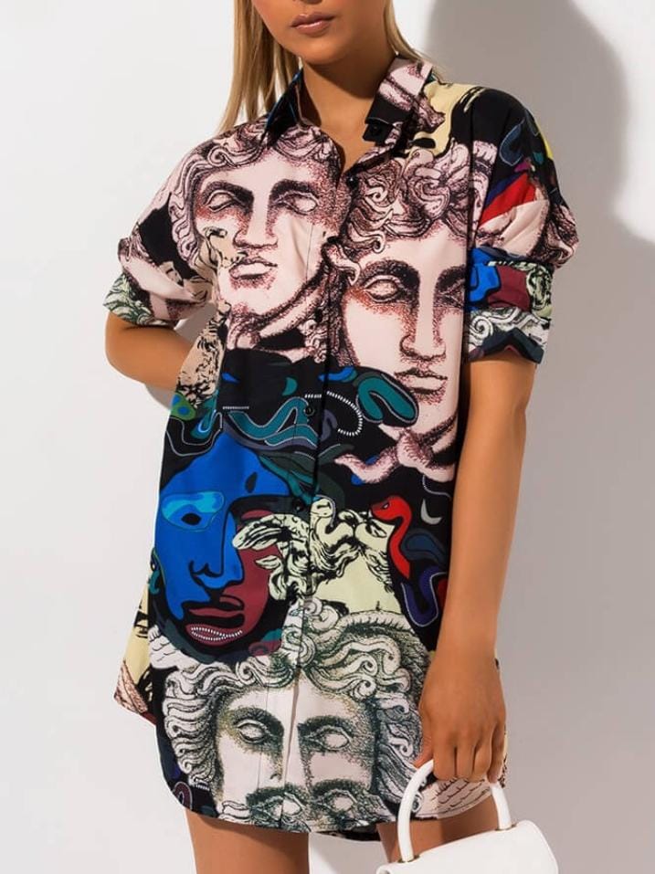 Long Sleeve Patterned High-Low Mini Shirt Dress XD21