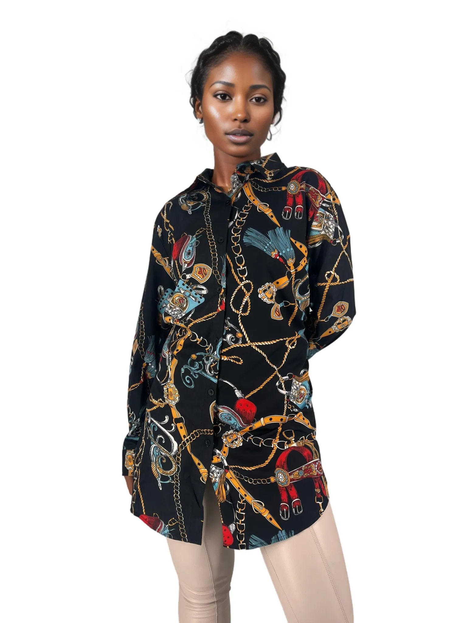 Long Sleeve Patterned High-Low Mini Shirt Dress XD21