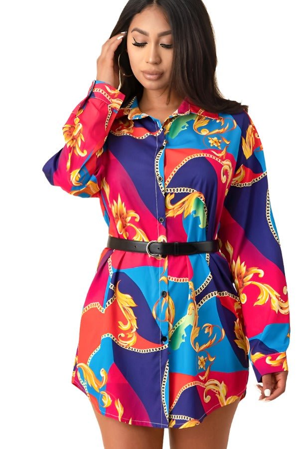 Long Sleeve Patterned High-Low Mini Shirt Dress XD21