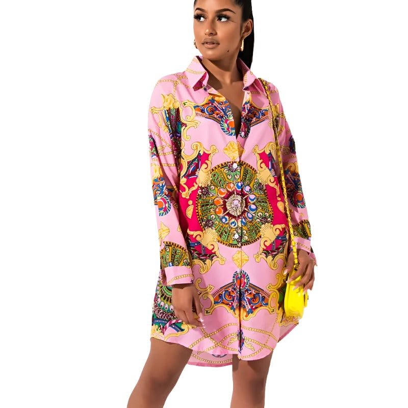 Long Sleeve Patterned High-Low Mini Shirt Dress XD21