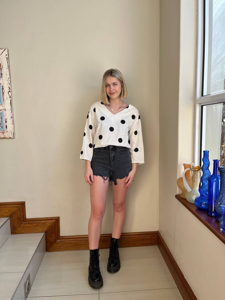 Polka Dot V neck Blouse (M- NEED TO OPEN AND CHECK SIZE AND STYLE) XD21