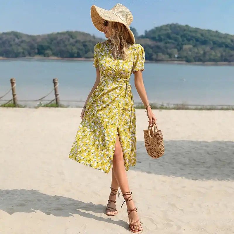 Print Ruffle Tie Side Wrap Printed Dress XD21