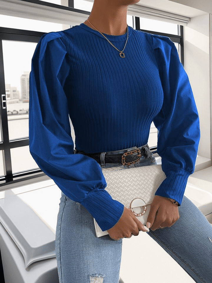 Ribbed knitted top puff sleeve blouse XD21