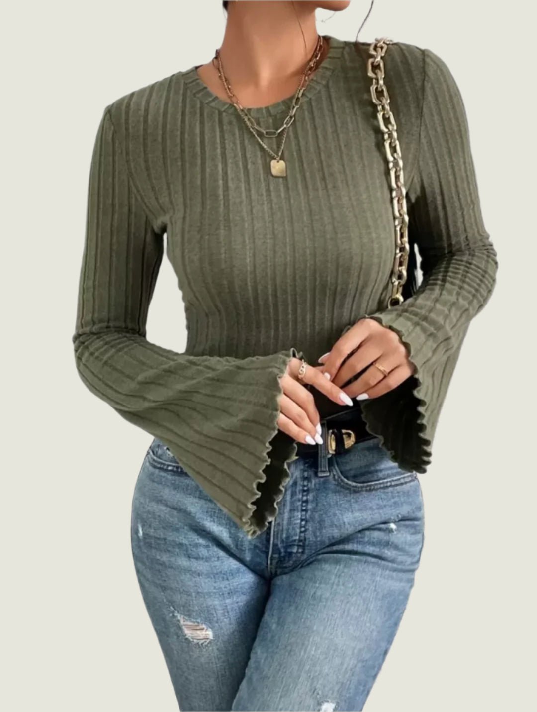 Ribbed Flared Sleeve Top – Long Sleeve Stretch Knit