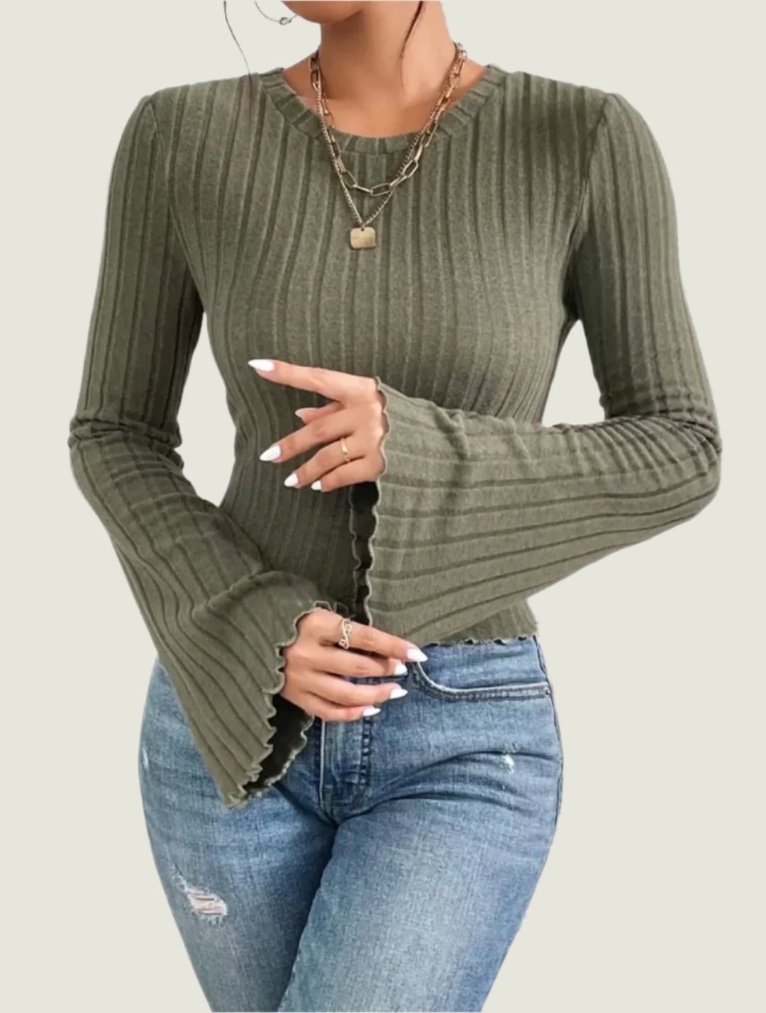 Ribbed Flared Sleeve Top – Long Sleeve Stretch Knit