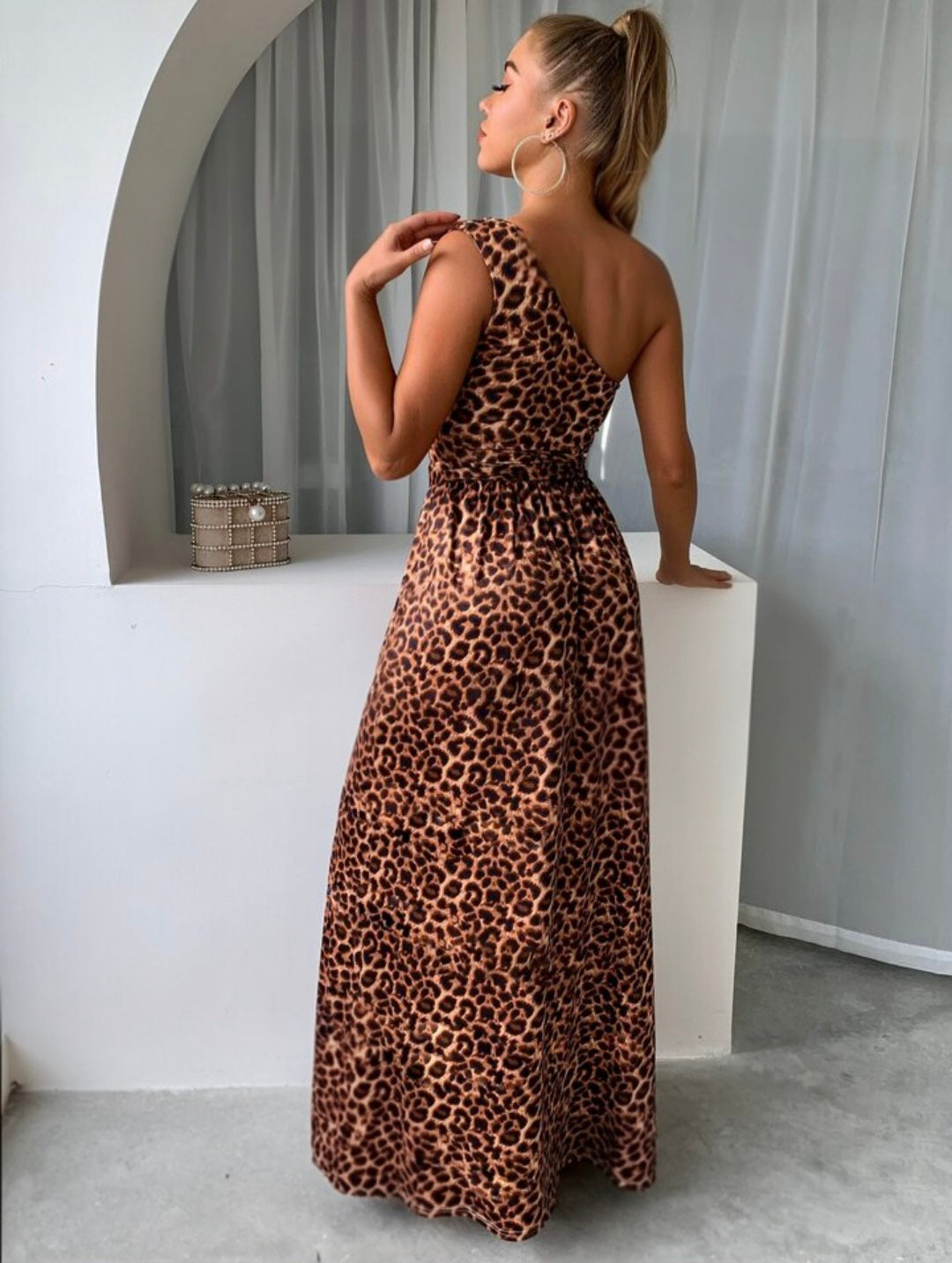 One Shoulder Leopard Print high Split Dress