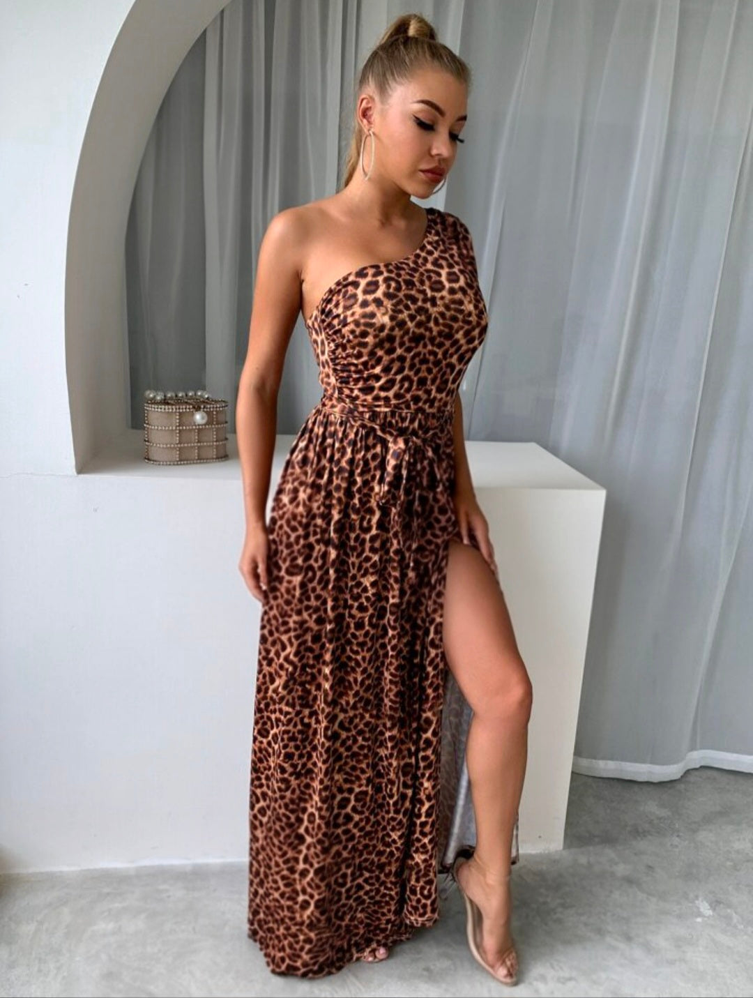One Shoulder Leopard Print high Split Dress