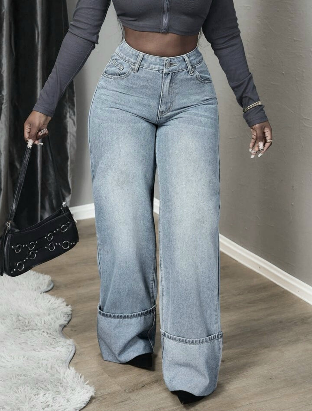 Grey Wide Leg Turn-Up Hem Jeans - FA-4623