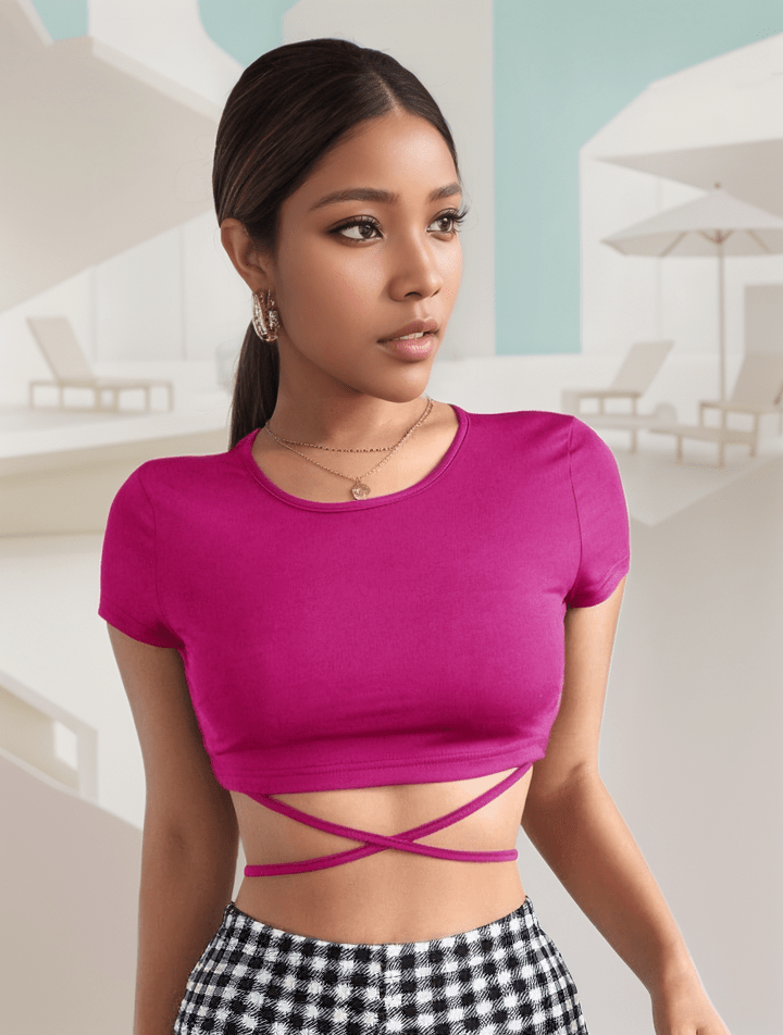 Solid Crisscross Tie Back Crop Tee XD21