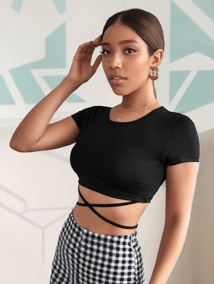 Solid Crisscross Tie Back Crop Tee XD21