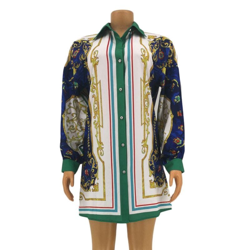 Straight Hem Long Sleeve Patterned Mini Shirt Dress XD21