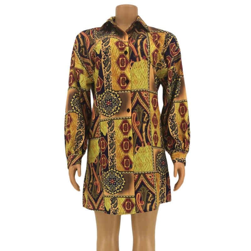 Straight Hem Long Sleeve Patterned Mini Shirt Dress XD21