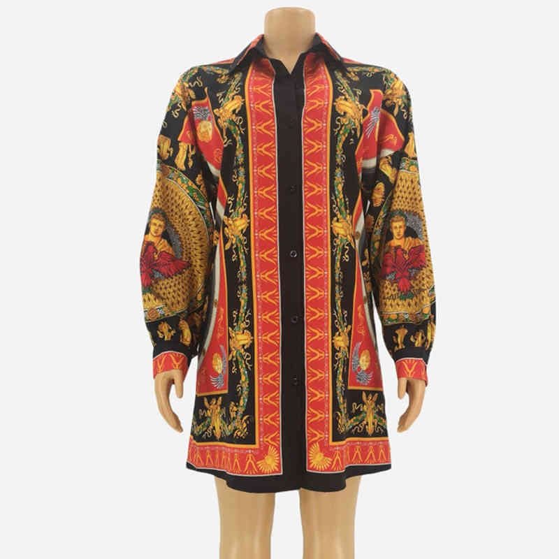 Straight Hem Long Sleeve Patterned Mini Shirt Dress XD21