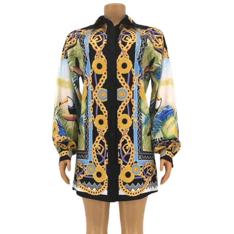 Straight Hem Long Sleeve Patterned Mini Shirt Dress XD21