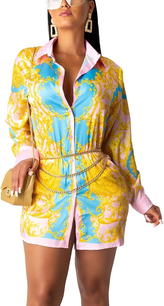 Straight Hem Long Sleeve Patterned Mini Shirt Dress XD21