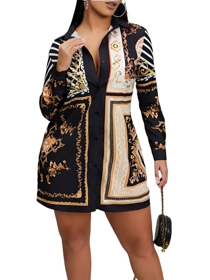 Straight Hem Long Sleeve Patterned Mini Shirt Dress XD21