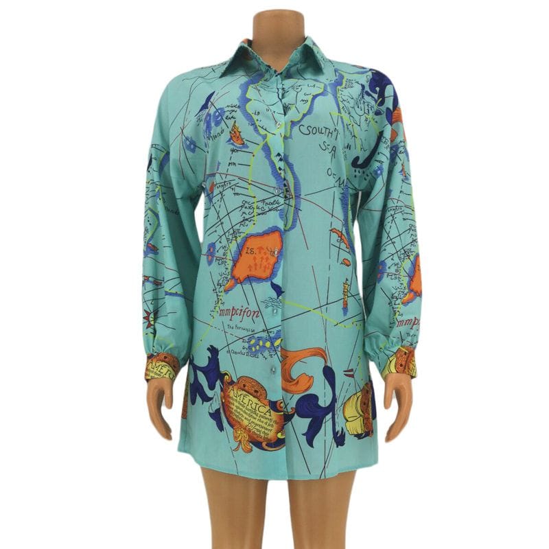 Straight Hem Long Sleeve Patterned Mini Shirt Dress XD21