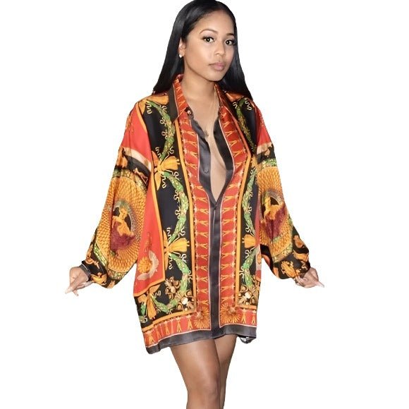 Straight Hem Long Sleeve Patterned Mini Shirt Dress XD21