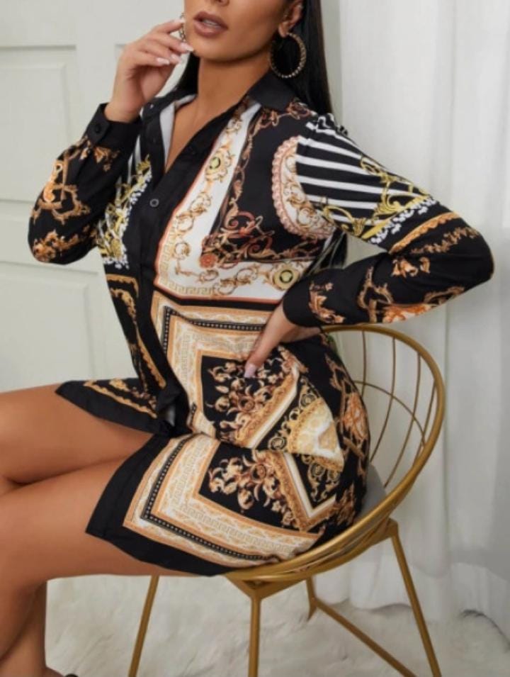 Straight Hem Long Sleeve Patterned Mini Shirt Dress XD21