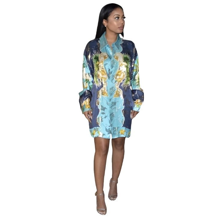 Straight Hem Long Sleeve Patterned Mini Shirt Dress XD21