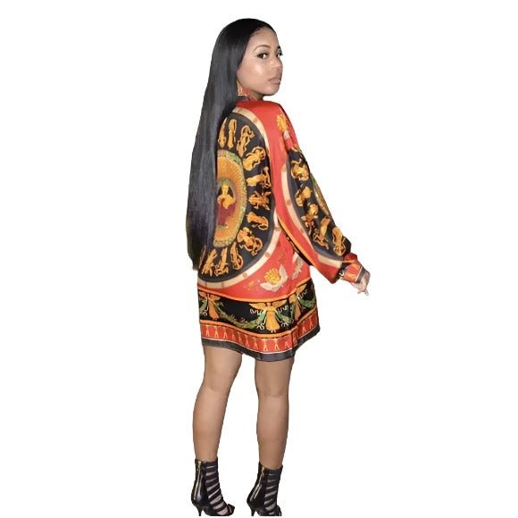 Straight Hem Long Sleeve Patterned Mini Shirt Dress XD21