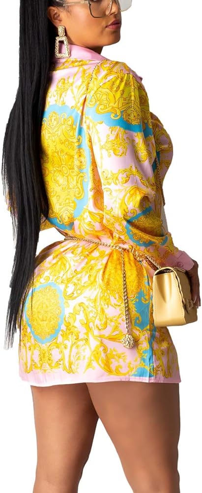 Straight Hem Long Sleeve Patterned Mini Shirt Dress XD21