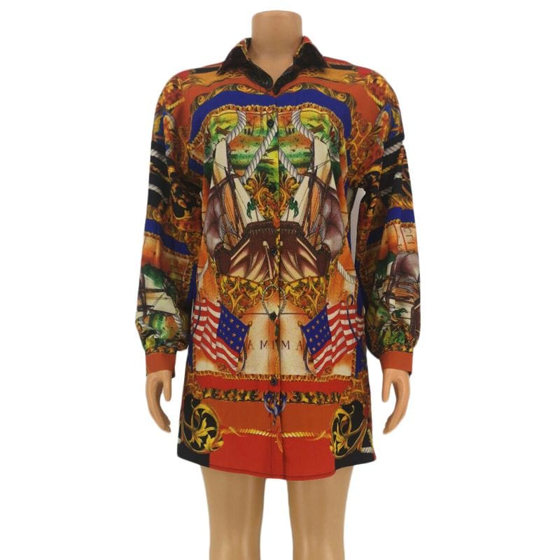 Straight Hem Long Sleeve Patterned Mini Shirt Dress XD21