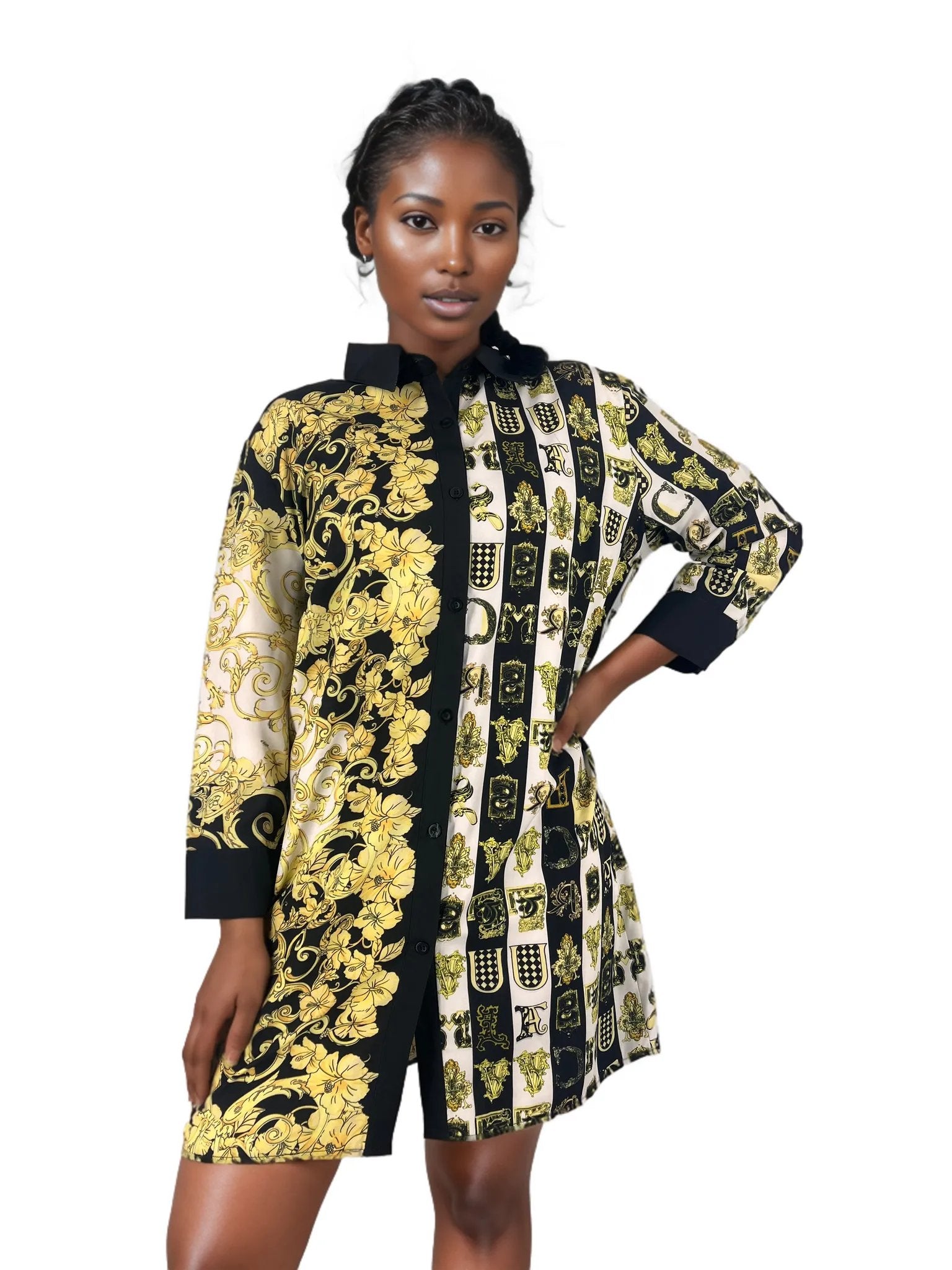 Straight Hem Long Sleeve Patterned Mini Shirt Dress XD21