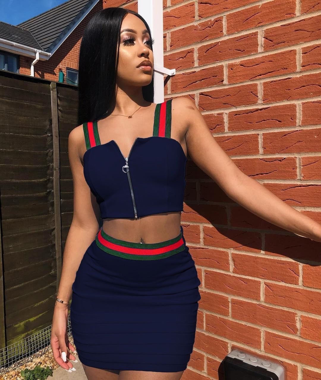 Stripe Crop Top Hollow Out Two Piece Outfits XD21