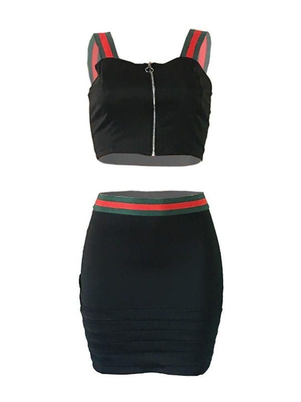 Stripe Crop Top Hollow Out Two Piece Outfits XD21