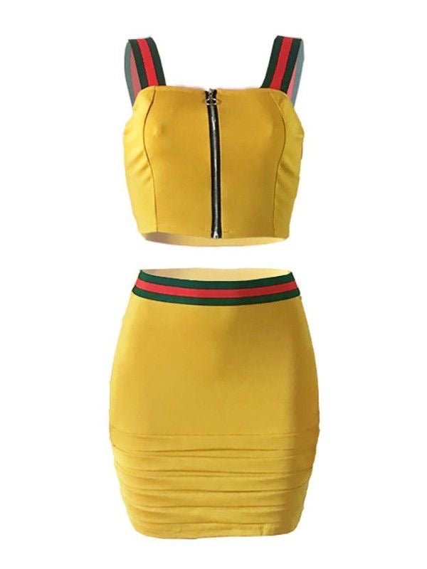 Stripe Crop Top Hollow Out Two Piece Outfits XD21
