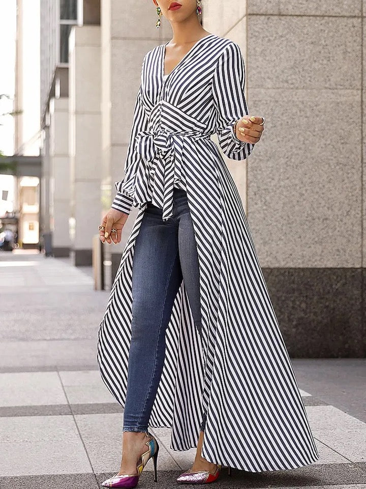 Stripe Long Sleeve Blouse Shirt V-Neck Maxi Dress Tunic XD21