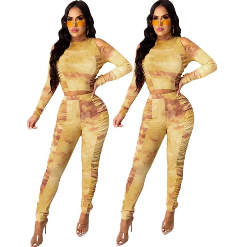 Tie dye two piece pants set ruched XD21