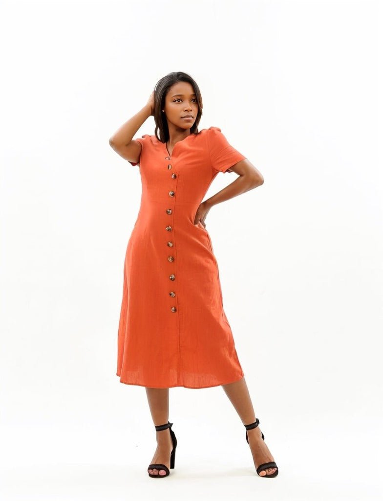 V Neck Button Down Midi Dress XD21