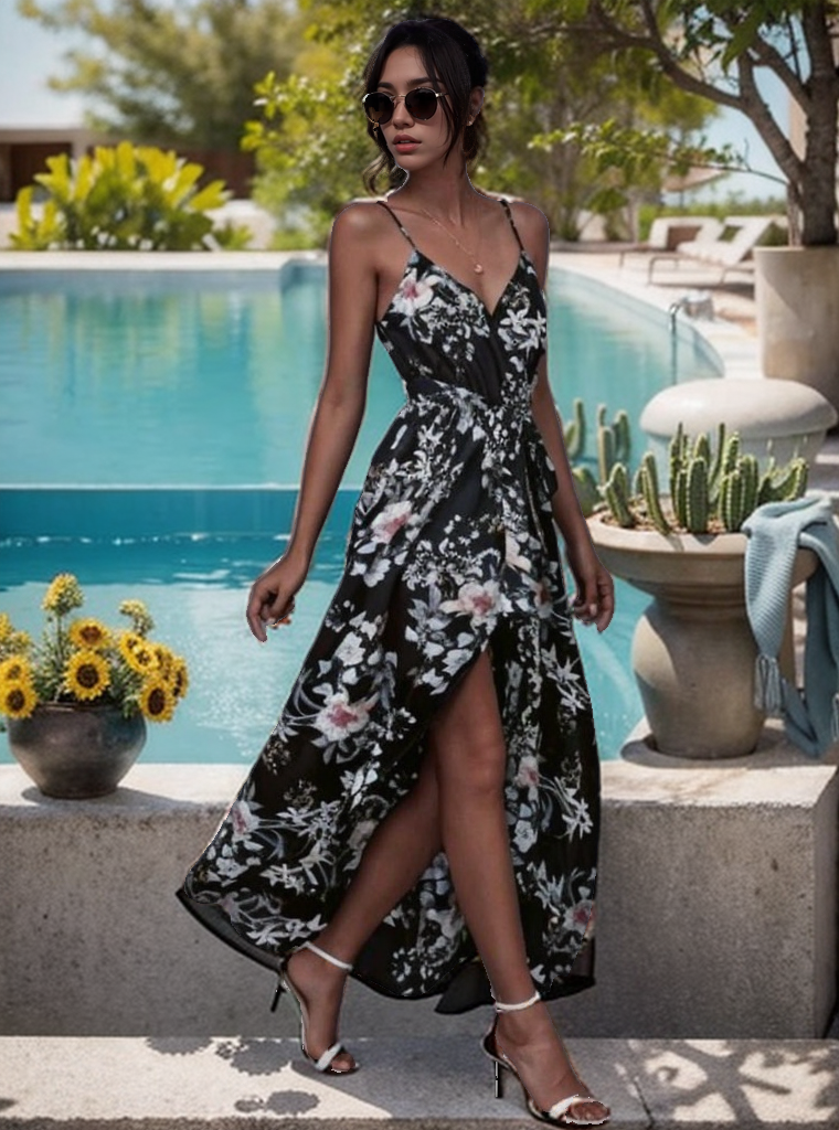 V neck Frill Maxi Floral Dress