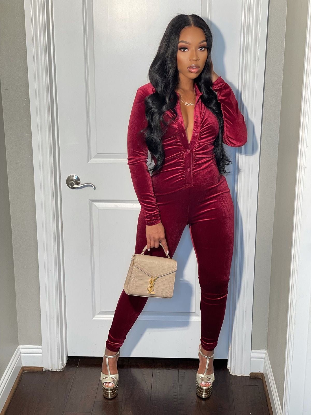 Velvet Button Up One Piece Jumpsuit XD21