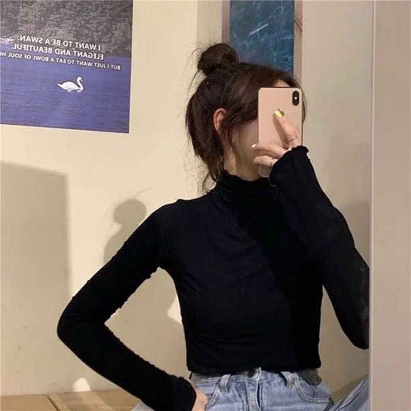 Velvet Like Turtle neck Frill Top XD21