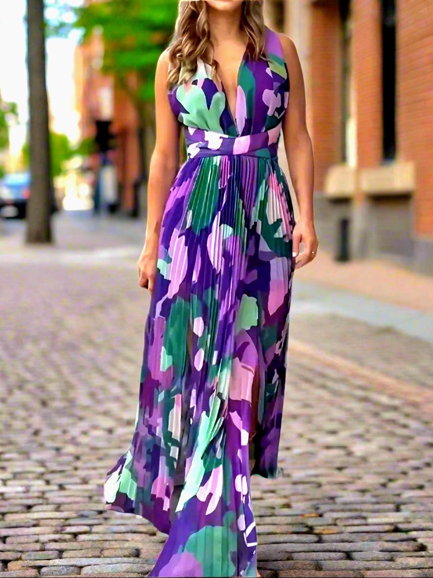 Flowy & Feminine Abstract Print Maxi Dress with a Pleated Skirt