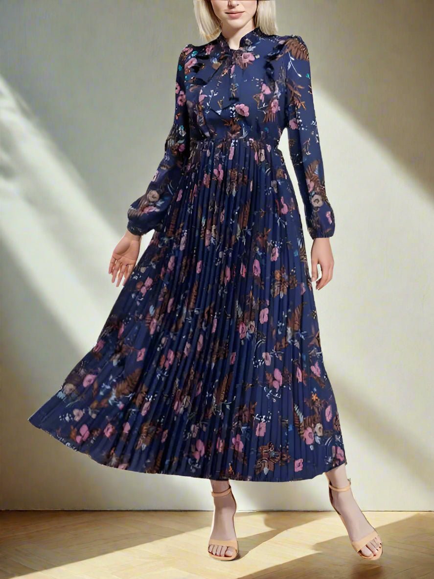Elegant Floral Print Pleated Maxi Dress  High Waist Tie Neck Dress
