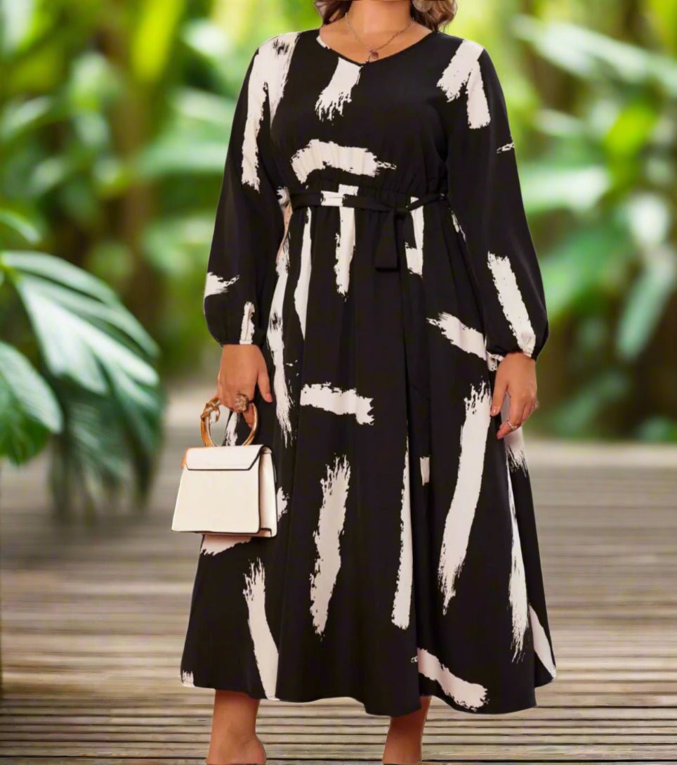 Black & White Abstract Print Belted Maxi Dress  Long Sleeve