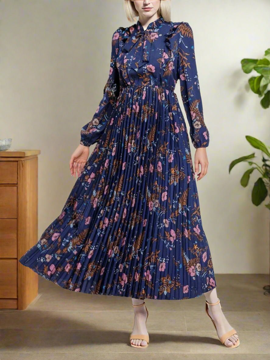 Elegant Floral Print Pleated Maxi Dress  High Waist Tie Neck Dress