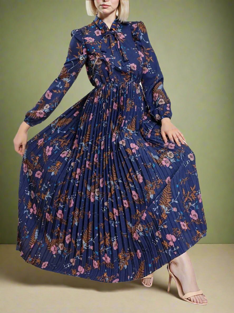 Elegant Floral Print Pleated Maxi Dress  High Waist Tie Neck Dress
