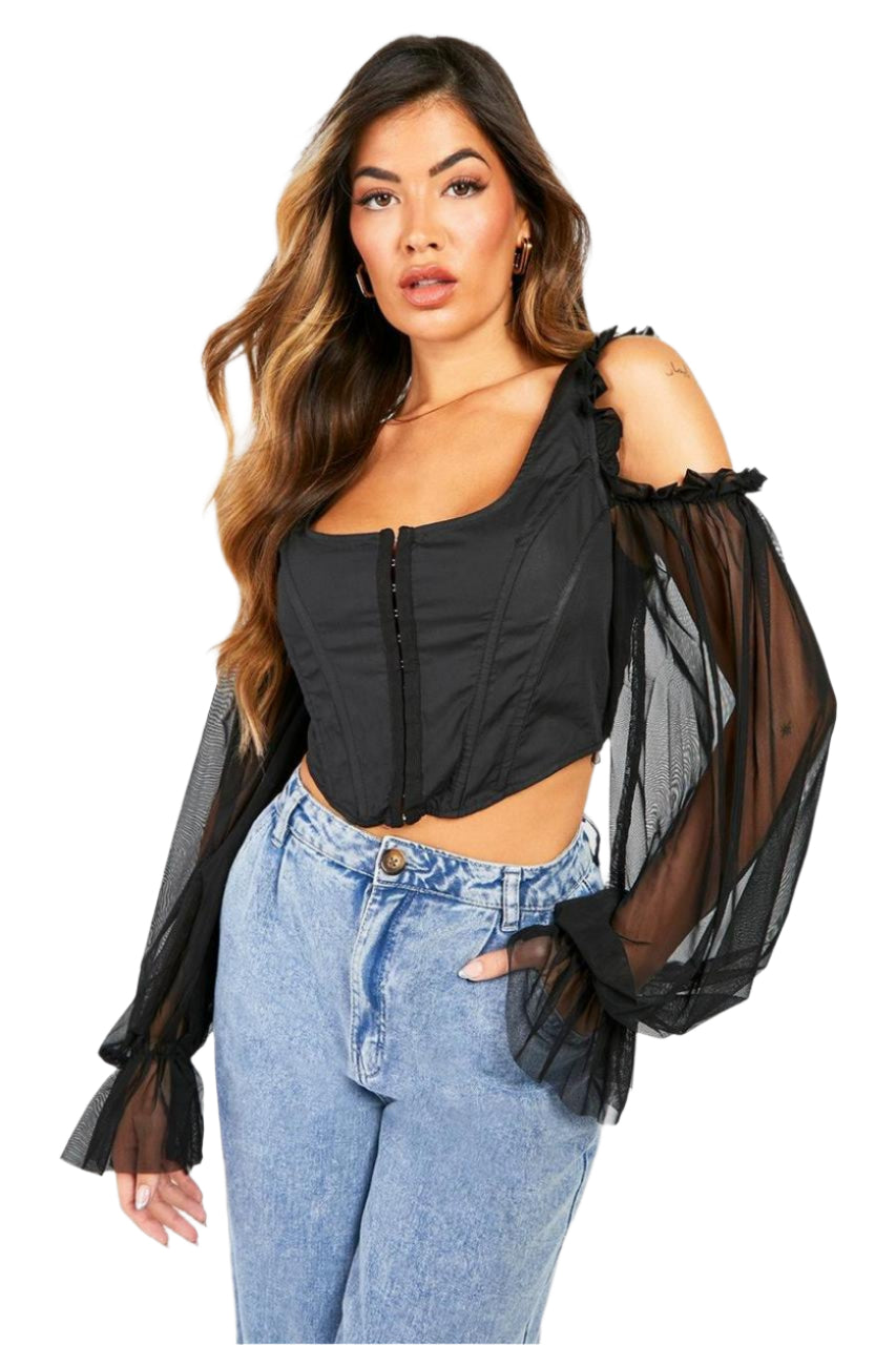 Mesh Lantern Long Sleeve Corset Top