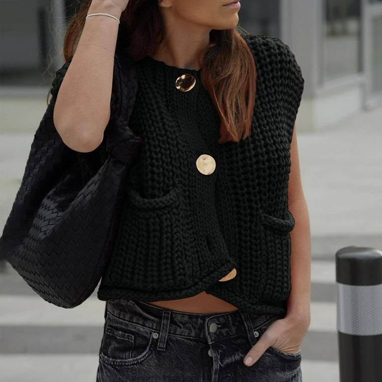 Knitted Sleeveless Cardigan with Front Pockets