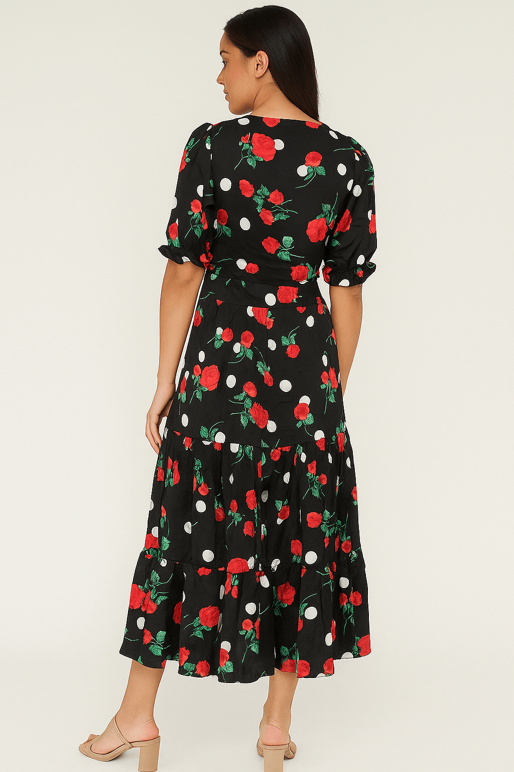 Floral & Polka Dot Tiered Midi Dress Curve – Puff Sleeve Summer Style