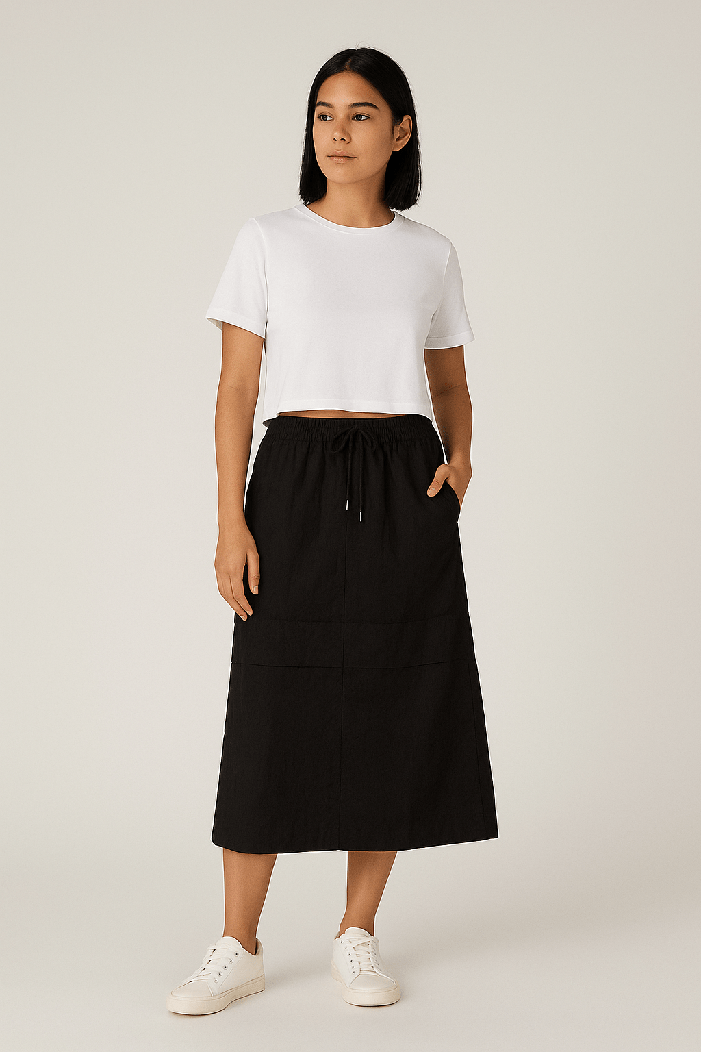 Drawstring Waist Casual Midi Skirt
