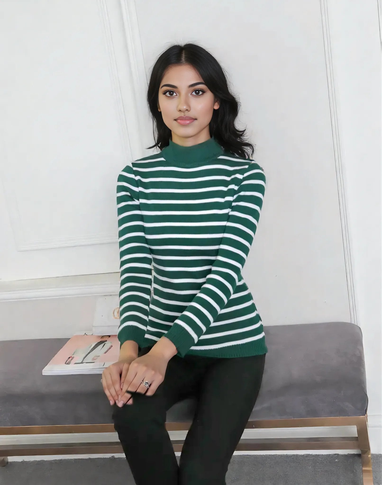 Striped Ribbed Knit Top – Long Sleeve Stretch Pullover One Size