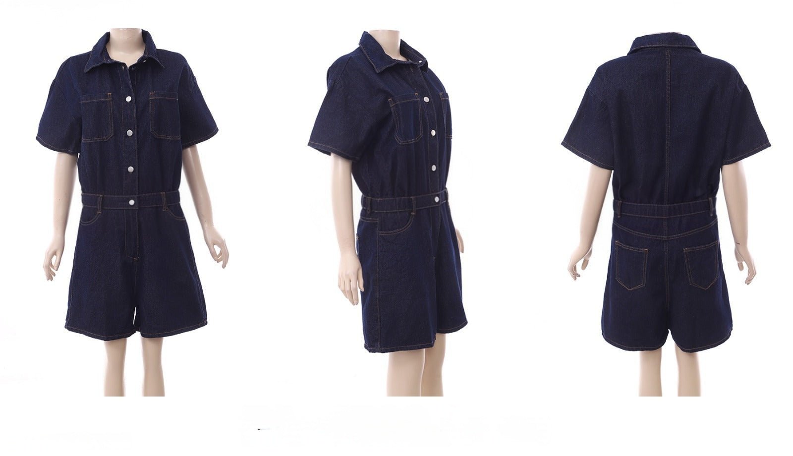 Dark Denim Button-Up Romper – Short Sleeve Utility Style